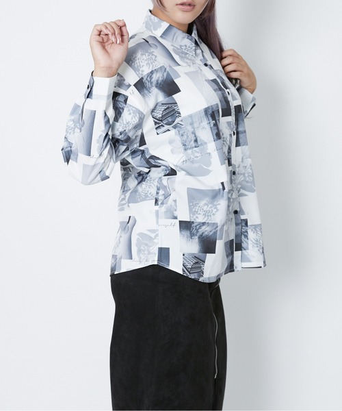 新品未使用Russelunoビジュアルプリント オーバーサイズシャツ セール】《モノトーンフォトプリント》レディース オーバー