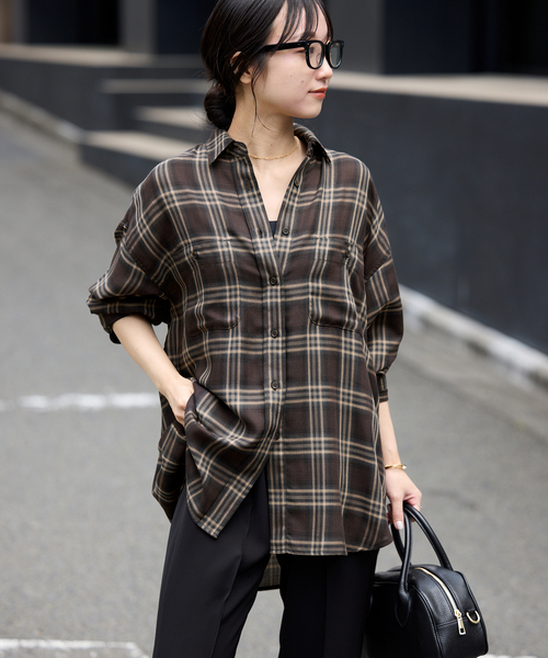 【美品】ローブイエナ　ビエラチェックルーズシャツ　ブラック　秋物 ビエラチェックルーズシャツ | スローブ イエナ(SLOBE IENA