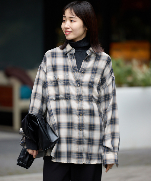 新品タグ付新品　ビエラチェックルーズシャツ　ブルー　フリーサイズ 新品タグ付新品 ビエラチェックルーズシャツ ブルー