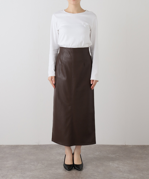 La TOTALITE（ラトータリテ）の「【洗える】フェイクレザー・ジャガードスカート（スカート・レディース・ウッド/ベージュ/ブラウン・40/38/36）」の5枚目の写真