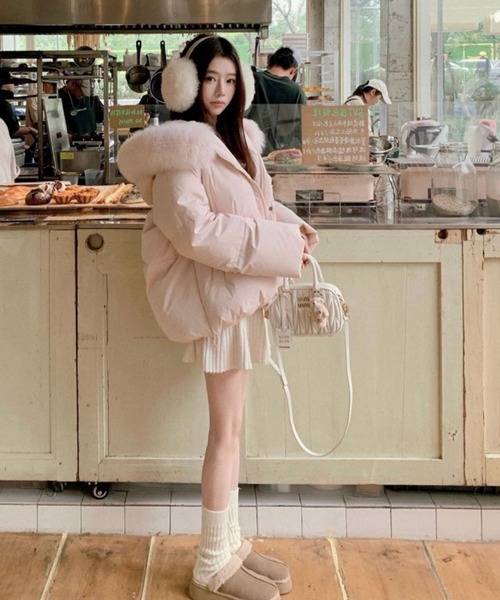 ふんわりフェイクファーフード付き中綿ジャケット（その他アウター