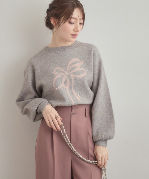 couture brooch（クチュールブローチ）の「【可愛く着映える・華やか】リボンジャカード ニットトップス（ニット/セーター・レディース・グレー/ブラック系/ホワイト系3・38/42）」の22枚目の写真