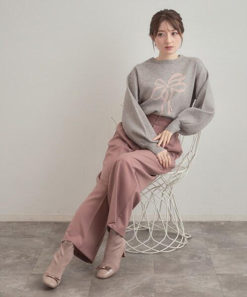 couture brooch（クチュールブローチ）の「【可愛く着映える・華やか】リボンジャカード ニットトップス（ニット/セーター・レディース・グレー/ブラック系/ホワイト系3・38/42）」の13枚目の写真