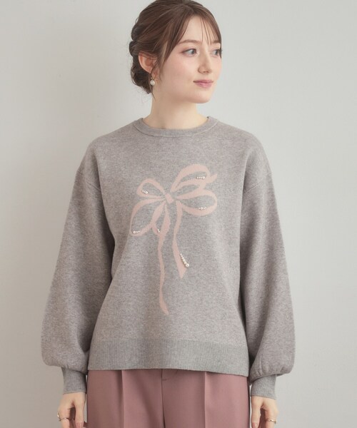 couture brooch（クチュールブローチ）の「【可愛く着映える・華やか】リボンジャカード ニットトップス（ニット/セーター・レディース・グレー/ブラック系/ホワイト系3・38/42）」の17枚目の写真