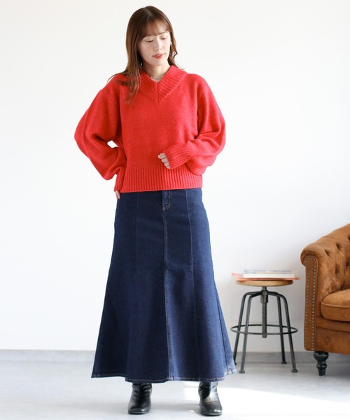 cepo(セポ)の「ウール混Vネックソデボリュームニットプルオーバー(ニット/セーター・レディース・オフホワイト/カーキ/レッド/チャコール・M)」の5枚目の写真