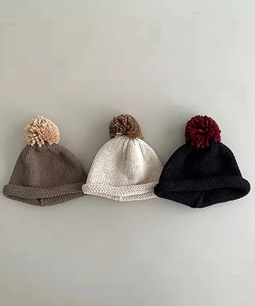 Bambin(ボンバン)の「【 Bambin / ボンバン 】 バイカラー ポンポン付 ロール ニットキャップ(ニットキャップ/ビーニー・キッズ・ベージュ/マスタード/ブルー/ブラック/カーキ/グリーン・FREE)」の1枚目の写真