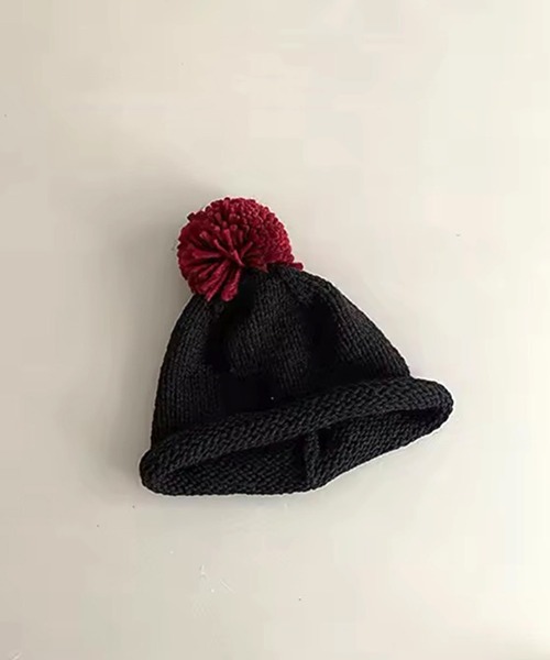 Bambin(ボンバン)の「【 Bambin / ボンバン 】 バイカラー ポンポン付 ロール ニットキャップ(ニットキャップ/ビーニー・キッズ・ベージュ/マスタード/ブルー/ブラック/カーキ/グリーン・FREE)」の2枚目の写真