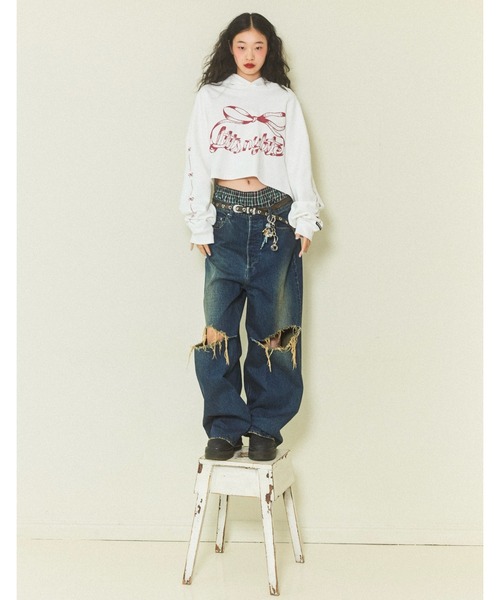 Little sunny bite（リトルサニーバイト）の「short ribbon sweat hoodie（パーカー・レディース・ブラック/ホワイト/ピンク・SMALL/MEDIUM）」の14枚目の写真