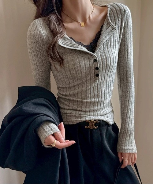 VIBGYOR（ヴィブジョー）の「【LAMPOON】レイヤードヘンリーニットソー（ニット/セーター・レディース・ブラック/カーキ/グレー・SMALL/MEDIUM/LARGE）」の3枚目の写真