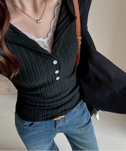 VIBGYOR（ヴィブジョー）の「【LAMPOON】レイヤードヘンリーニットソー（ニット/セーター・レディース・ブラック/カーキ/グレー・SMALL/MEDIUM/LARGE）」の7枚目の写真