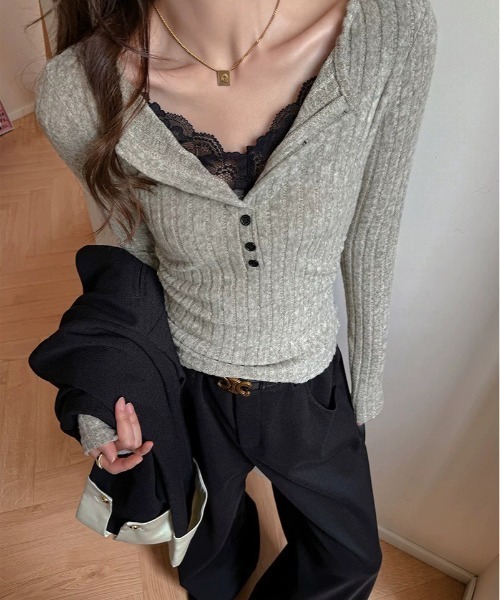 VIBGYOR（ヴィブジョー）の「【LAMPOON】レイヤードヘンリーニットソー（ニット/セーター・レディース・ブラック/カーキ/グレー・SMALL/MEDIUM/LARGE）」の9枚目の写真