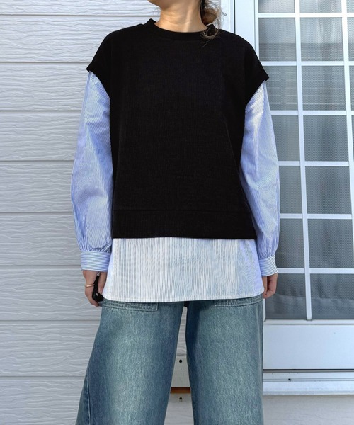 Q（キュー）の「ストライプシャツドッキングニット（ニット/セーター・レディース・ブラック/アイボリー・MEDIUM）」の2枚目の写真