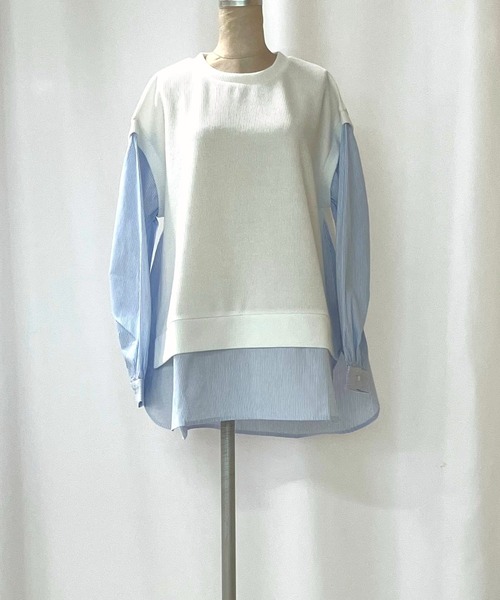 Q（キュー）の「ストライプシャツドッキングニット（ニット/セーター・レディース・ブラック/アイボリー・MEDIUM）」の3枚目の写真