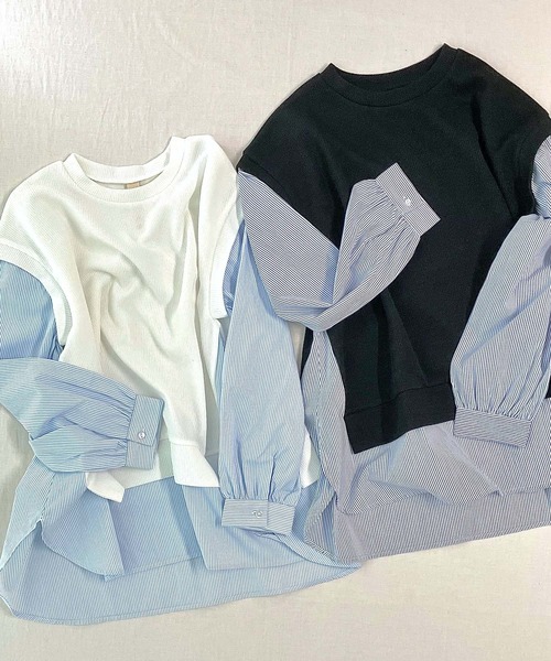 Q（キュー）の「ストライプシャツドッキングニット（ニット/セーター・レディース・ブラック/アイボリー・MEDIUM）」の6枚目の写真