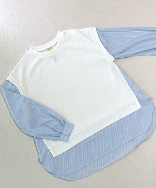 Q（キュー）の「ストライプシャツドッキングニット（ニット/セーター・レディース・ブラック/アイボリー・MEDIUM）」の7枚目の写真