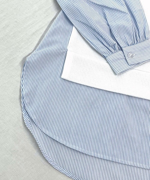 Q（キュー）の「ストライプシャツドッキングニット（ニット/セーター・レディース・ブラック/アイボリー・MEDIUM）」の9枚目の写真