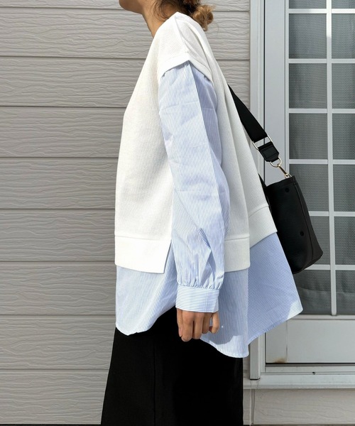 Q（キュー）の「ストライプシャツドッキングニット（ニット/セーター・レディース・ブラック/アイボリー・MEDIUM）」の11枚目の写真