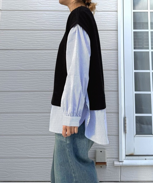 Q（キュー）の「ストライプシャツドッキングニット（ニット/セーター・レディース・ブラック/アイボリー・MEDIUM）」の13枚目の写真