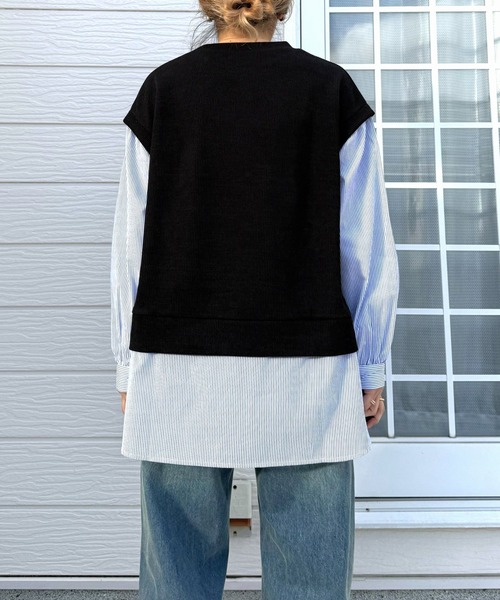 Q（キュー）の「ストライプシャツドッキングニット（ニット/セーター・レディース・ブラック/アイボリー・MEDIUM）」の14枚目の写真