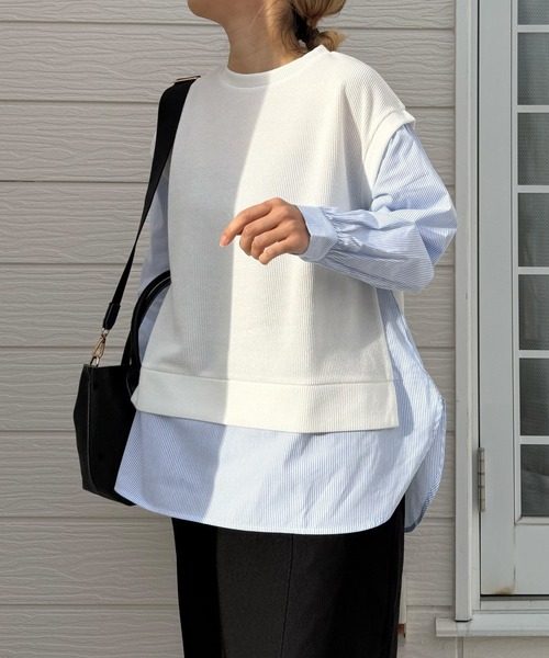 Q（キュー）の「ストライプシャツドッキングニット（ニット/セーター・レディース・ブラック/アイボリー・MEDIUM）」の10枚目の写真