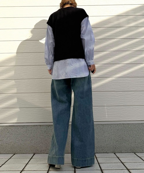 Q（キュー）の「ストライプシャツドッキングニット（ニット/セーター・レディース・ブラック/アイボリー・MEDIUM）」の17枚目の写真