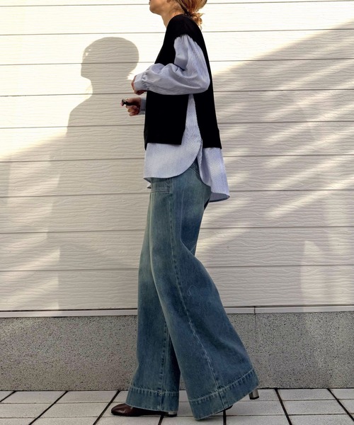 Q（キュー）の「ストライプシャツドッキングニット（ニット/セーター・レディース・ブラック/アイボリー・MEDIUM）」の16枚目の写真