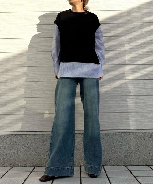 Q（キュー）の「ストライプシャツドッキングニット（ニット/セーター・レディース・ブラック/アイボリー・MEDIUM）」の15枚目の写真