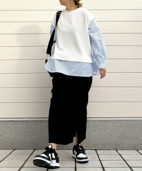 Q（キュー）の「ストライプシャツドッキングニット（ニット/セーター・レディース・ブラック/アイボリー・MEDIUM）」の18枚目の写真