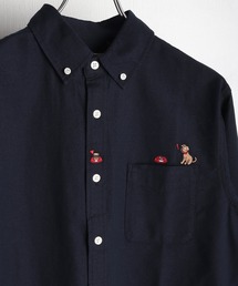 ナチュラルストレッチ ポケット付 ワンポイント刺繍 オックス 長袖ルーズサイズシャツ 犬 猫