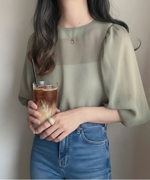 【26年春夏新作】エアリーシフォンボートネックボリューム袖ブラウス シアーインナー UV対策 春服 夏服 カラバリ豊富 冷房対策