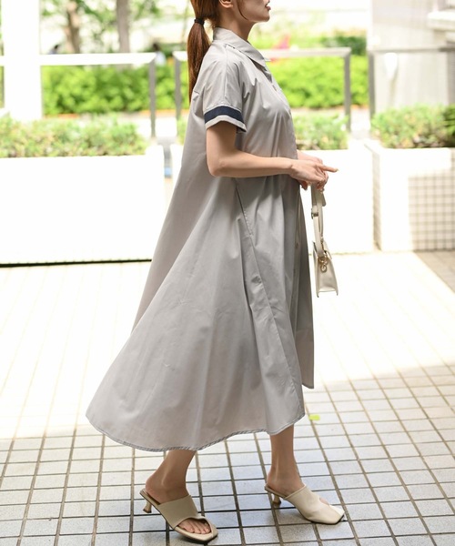 ＆HALF（アンドハーフ）の「ショール襟シャツロングブラウス（半袖/シャツワンピース）（シャツ/ブラウス・レディース・ライトグレー/ブラック・M/L）」の2枚目の写真