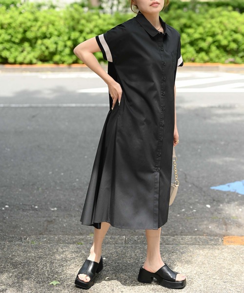 ＆HALF（アンドハーフ）の「ショール襟シャツロングブラウス（半袖/シャツワンピース）（シャツ/ブラウス・レディース・ライトグレー/ブラック・M/L）」の9枚目の写真