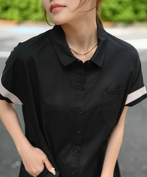 ＆HALF（アンドハーフ）の「ショール襟シャツロングブラウス（半袖/シャツワンピース）（シャツ/ブラウス・レディース・ライトグレー/ブラック・M/L）」の10枚目の写真