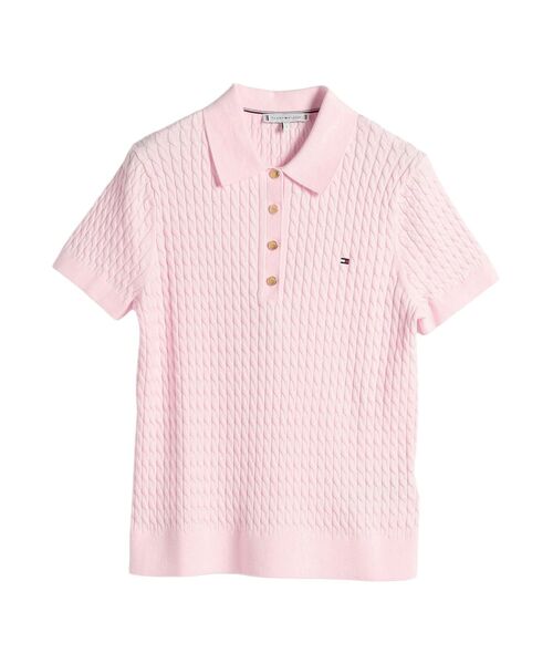 TOMMY HILFIGER（トミーヒルフィガー）の「コットンケーブルファインゲージクルーネックショートスリーブポロセーター（ポロシャツ・レディース・ブルー/グレー/マルチ/ピンク・XX-SMALL/SMALL/X-SMALL/MEDIUM）」の4枚目の写真