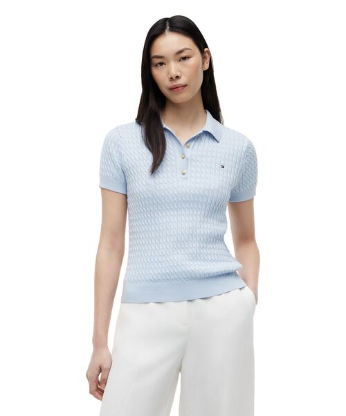 TOMMY HILFIGER（トミーヒルフィガー）の「コットンケーブルファインゲージクルーネックショートスリーブポロセーター（ポロシャツ・レディース・ブルー/グレー/マルチ/ピンク・XX-SMALL/SMALL/X-SMALL/MEDIUM）」の3枚目の写真