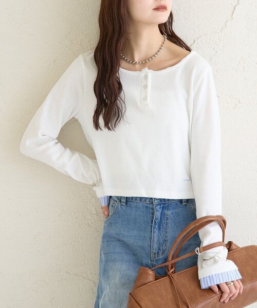 mystic(ミスティック)の「ヘンリーネックチビロンT(Tシャツ/カットソー・レディース・グレー/オフホワイト/グリーン・FREE)」の7枚目の写真