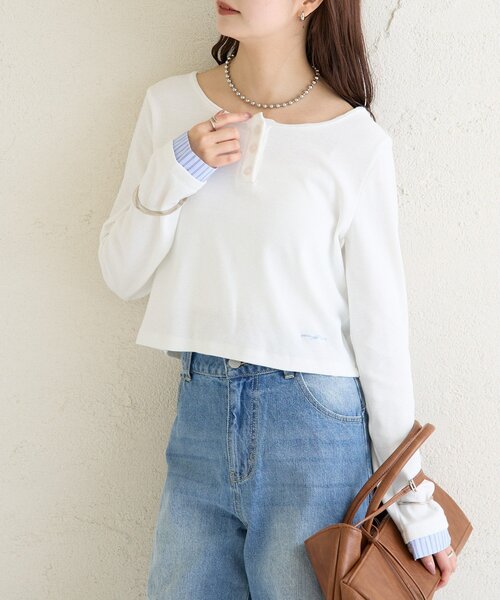 mystic(ミスティック)の「ヘンリーネックチビロンT(Tシャツ/カットソー・レディース・グレー/オフホワイト/グリーン・FREE)」の13枚目の写真