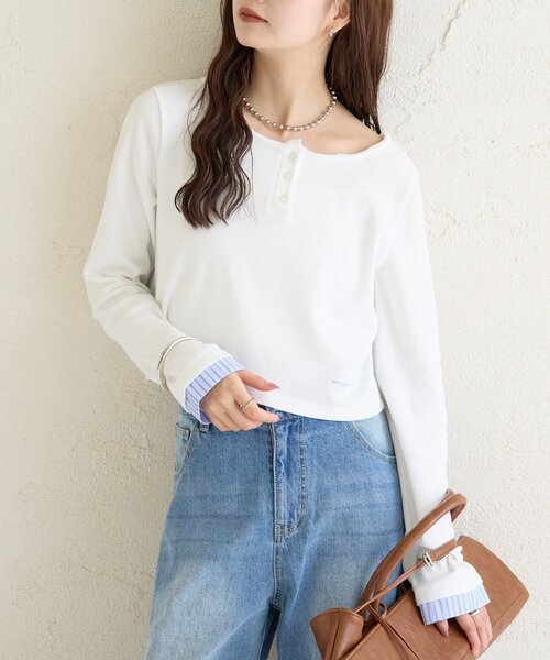 mystic(ミスティック)の「ヘンリーネックチビロンT(Tシャツ/カットソー・レディース・グレー/オフホワイト/グリーン・FREE)」の19枚目の写真