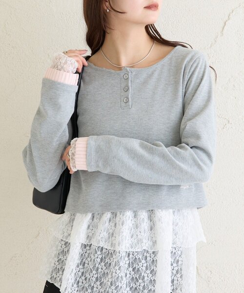 mystic(ミスティック)の「ヘンリーネックチビロンT(Tシャツ/カットソー・レディース・グレー/オフホワイト/グリーン・FREE)」の1枚目の写真