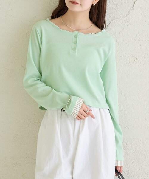 mystic(ミスティック)の「ヘンリーネックチビロンT(Tシャツ/カットソー・レディース・グレー/オフホワイト/グリーン・FREE)」の3枚目の写真