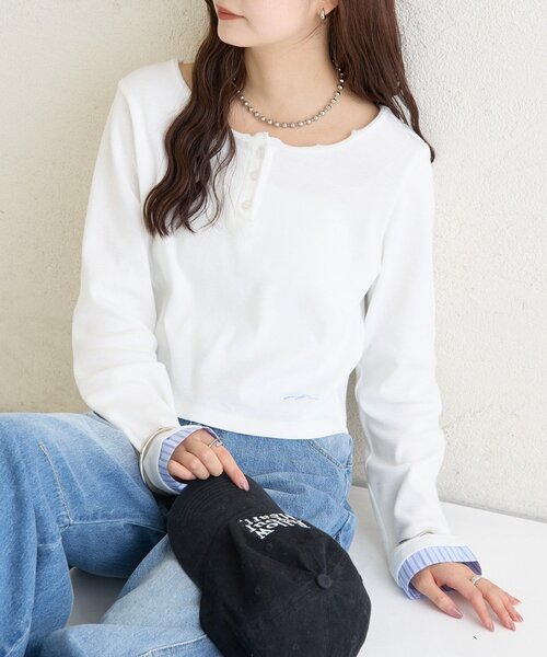 mystic(ミスティック)の「ヘンリーネックチビロンT(Tシャツ/カットソー・レディース・グレー/オフホワイト/グリーン・FREE)」の4枚目の写真