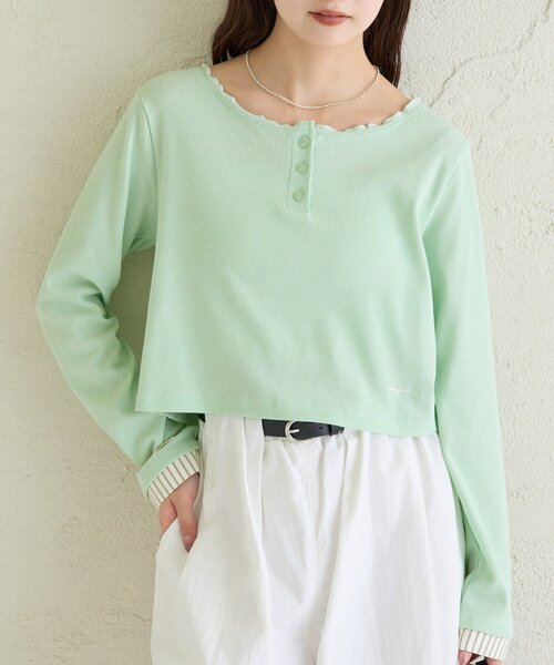 mystic(ミスティック)の「ヘンリーネックチビロンT(Tシャツ/カットソー・レディース・グレー/オフホワイト/グリーン・FREE)」の6枚目の写真