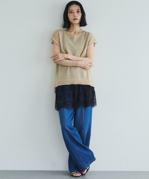 Doux archives(ドゥアルシーヴ)の「ペーパーライクフレンチスリーブニット(ニット/セーター・レディース・ベージュ/チャコールグレー/グリーン・FREE)」の21枚目の写真
