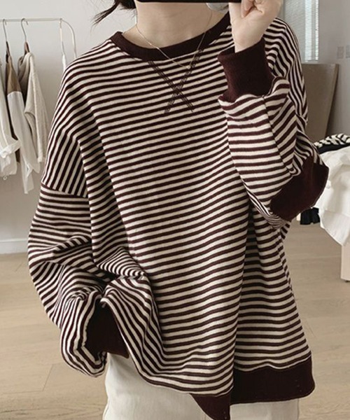 SallyLunn(サリーラン)の「ルーズシルエット 配色ボーダーロンT(Tシャツ/カットソー・レディース・ネイビー/ブラウン・LARGE/MEDIUM)」の1枚目の写真