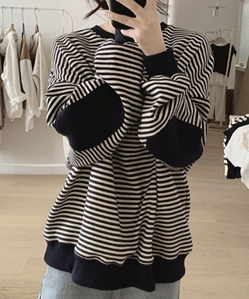SallyLunn(サリーラン)の「ルーズシルエット 配色ボーダーロンT(Tシャツ/カットソー・レディース・ネイビー/ブラウン・LARGE/MEDIUM)」の9枚目の写真