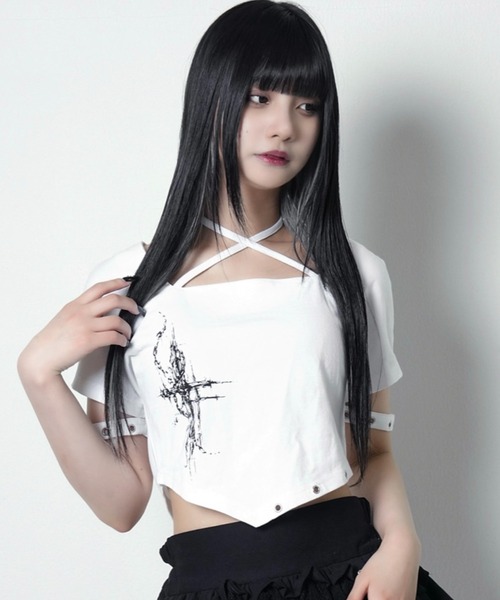 LAZYSLAY(レイジースレイ)の「クロススクエアシャツ(Tシャツ/カットソー・レディース・ホワイト/ブラック・FREE)」の1枚目の写真