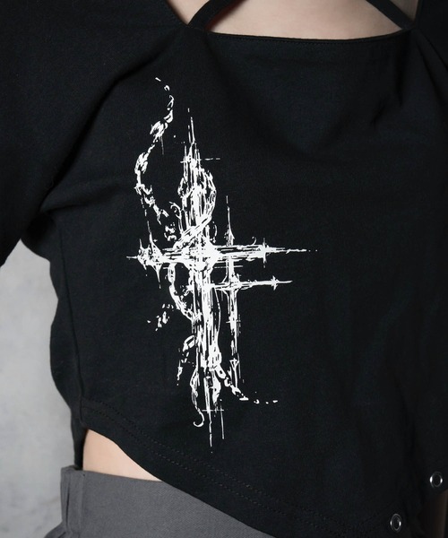 LAZYSLAY(レイジースレイ)の「クロススクエアシャツ(Tシャツ/カットソー・レディース・ホワイト/ブラック・FREE)」の7枚目の写真