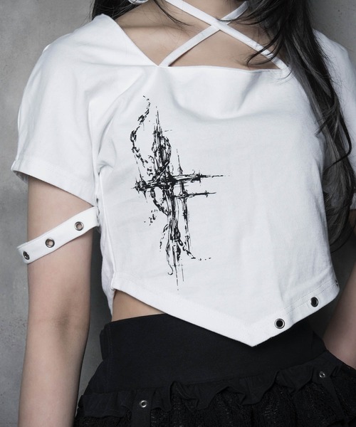 LAZYSLAY(レイジースレイ)の「クロススクエアシャツ(Tシャツ/カットソー・レディース・ホワイト/ブラック・FREE)」の3枚目の写真