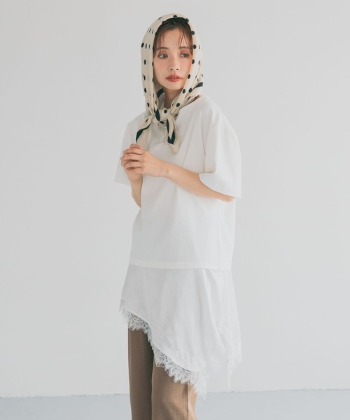 mysty woman（ミスティウーマン）の「イレヘムレースドッキングTEE　712942（Tシャツ/カットソー・レディース・ブラック/グレー/オフホワイト・FREE）」の2枚目の写真