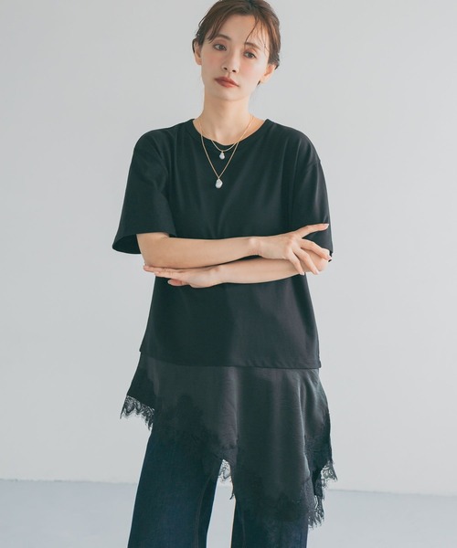 mysty woman（ミスティウーマン）の「イレヘムレースドッキングTEE　712942（Tシャツ/カットソー・レディース・ブラック/グレー/オフホワイト・FREE）」の3枚目の写真